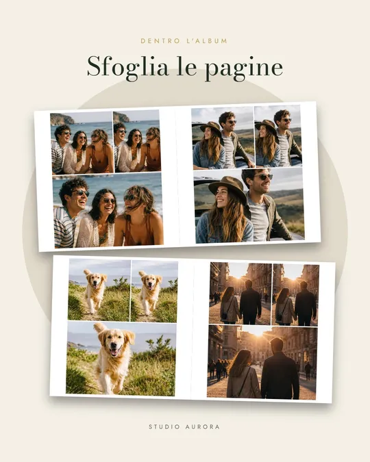 Slide che mostra due doppie pagine di un album impaginato, una sopra l'altra