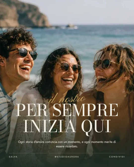Slide di carosello con foto a tutta pagina e titolo in maiuscolo su una coppia in spiaggia