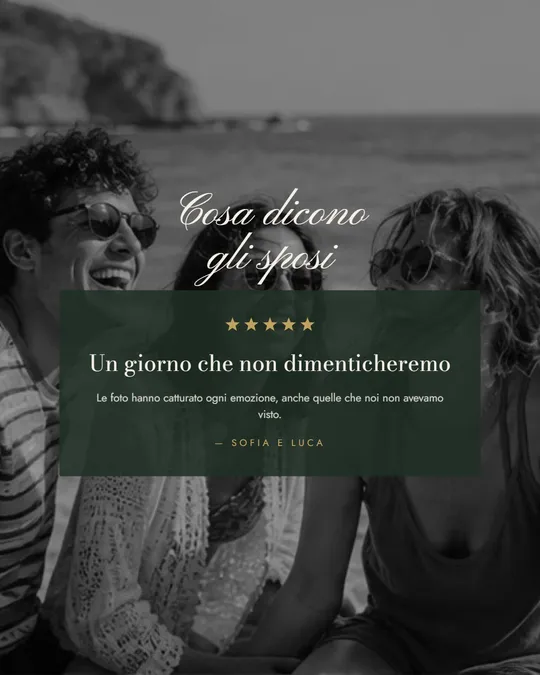 Slide con riquadro di recensione, cinque stelle e una frase su foto in bianco e nero