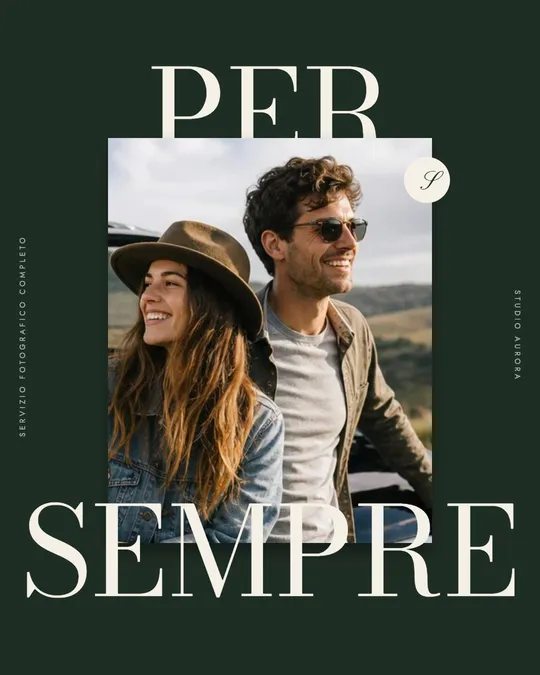 Slide con la foto di una coppia in mezzo a due grandi parole in carattere elegante