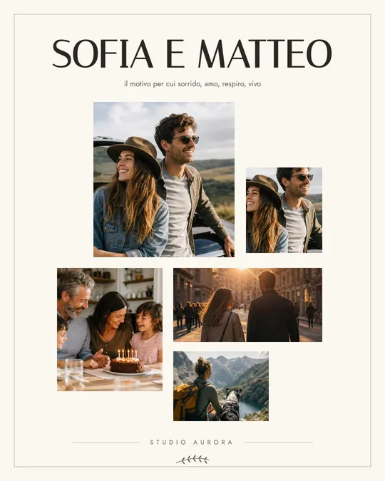 Stile Galleria: collage sfalsato di foto su carta chiara con cornice sottile